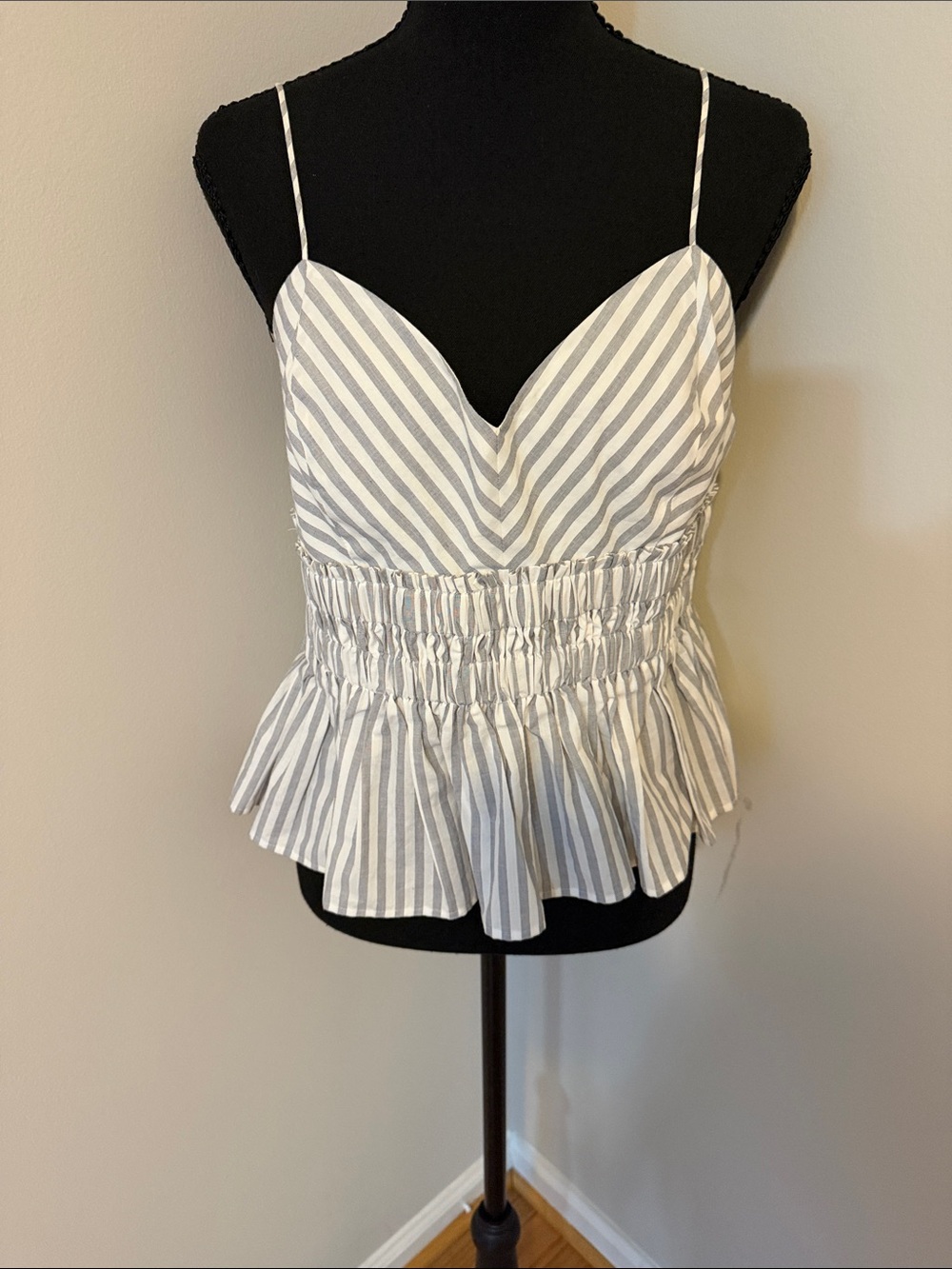Express Striped V-Neck Smocked Peplum Camisole - White & Gray